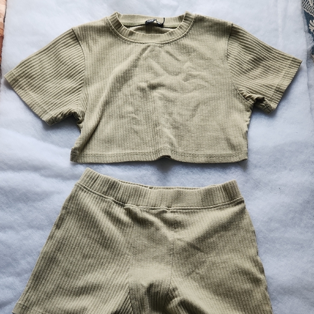 Nasty Gal Ribbed Knit Lounge Set in Light Olive